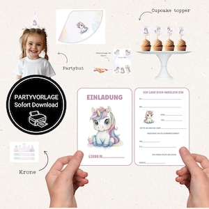 Druckbare Einhorn Partyvorlagen: Einladung, Cupcake-Topper, Partyhut, Mitgebsel, Geburstags Karte, Bastelvorlage A4 Druckvorlage