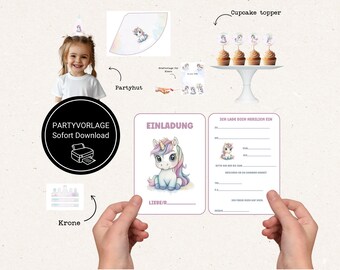 May include: Printable unicorn party supplies, including a party hat, cupcake toppers, a crown, and an invitation. The invitation says "Ich lade dich herzlich ein" which translates to "I invite you cordially".