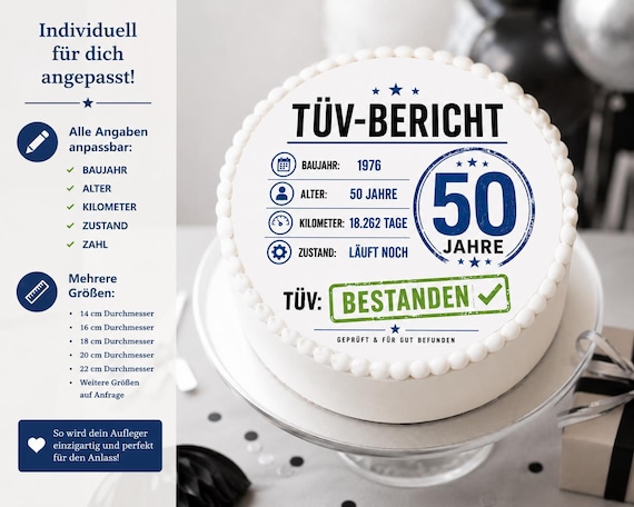 Tortenaufleger 50. Geburtstag TÜV-Bericht – personalisiert, Kilometerstand, Baujahr, essbarer Cake Topper für Männer