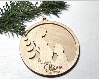 Custom Christmas ornaments with laser-cut names and CHRISTMAS  made of wood WOODEN CHRISTMAS gift tags personalized Pregnancy announcement