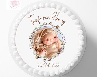 Tortenaufleger mit Foto und Blumenkranz | zur Taufe Mädchen | zur Taufe Bub | personalisiert mit Wunschname und Datum | verschiedene Größen