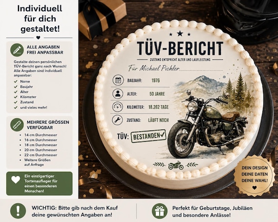 Tortenaufleger Motorrad Geburtstag – personalisierter TÜV-Bericht, runder Geburtstag für Männer, Motorradfahrer