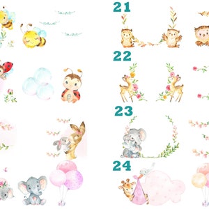 Puede incluir: Un conjunto de 10 ilustraciones de acuarela con varios animales y elementos florales. Las ilustraciones incluyen una abeja, una mariquita, un conejito, un elefante, un ciervo, un b&uacute;ho y una jirafa. Cada ilustraci&oacute;n est&aacute; numerada del 17 al 24.