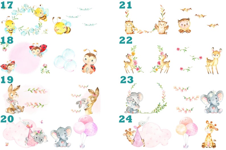 Puede incluir: Un conjunto de 10 ilustraciones de acuarela con varios animales y elementos florales. Las ilustraciones incluyen una abeja, una mariquita, un conejito, un elefante, un ciervo, un b&uacute;ho y una jirafa. Cada ilustraci&oacute;n est&aacute; numerada del 17 al 24.