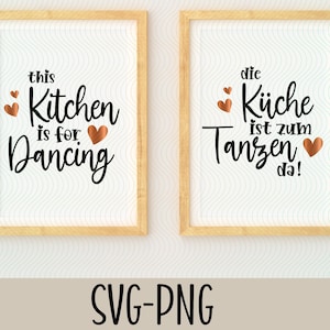 Peut inclure: Deux impressions encadrées sur le thème de la cuisine. L'impression de gauche dit "This Kitchen is for Dancing" avec un graphique en forme de cœur. L'impression de droite dit "Die Küche ist zum Tanzen da!" avec un graphique en forme de cœur.