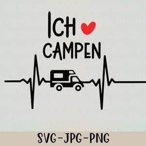 Op de afbeelding: Zwart-wit grafisch ontwerp met een hart en de tekst "ICH CAMPEN" en een silhouet van een camper. Het ontwerp is gesuperponeerd op een zwart-witte hartslaggrafiek.