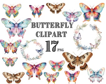 May include: A set of 17 watercolour butterfly illustrations in various colours and patterns. The butterflies are arranged in a circular pattern with the text "BUTTERFLY CLIPART 17 PNG" in the centre.