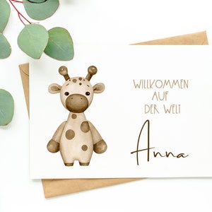 Mappa | personalizzata Carta di nascita con nome | Carta del bambino acquerello |  Scheda pieghevole Giraffa | boho | Ragazza