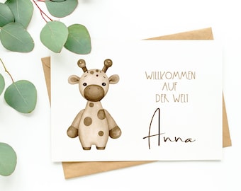 Kaart Gepersonaliseerde | Geboortekaartje met naam | Babykaart aquarel |  Vouwkaart Giraffe | Boho | Meisje