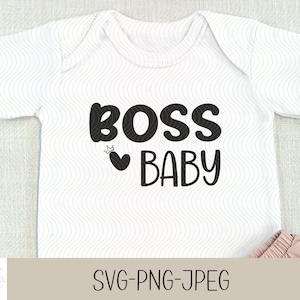 May include: White baby onesie with black text that reads "Boss Baby" with a small crown and heart above the word "Baby".