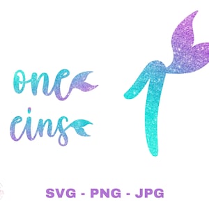 May include: A turquoise and purple glitter mermaid tail with the text "one fins" in a turquoise and purple glitter font.