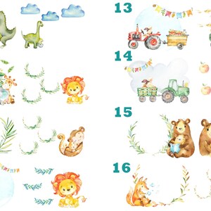 Puede incluir: Un conjunto de 10 ilustraciones de acuarela con varios animales y objetos. Las ilustraciones incluyen un dinosaurio, un le&oacute;n, un mono, un oso, un zorro, un tractor, un cami&oacute;n y una corona. Las ilustraciones son perfectas para agregar un toque de fantas&iacute;a a cualquier proyecto.