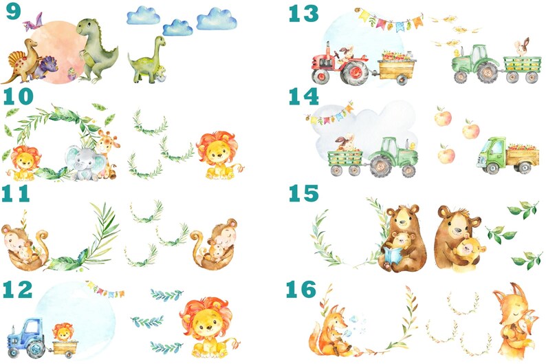 Puede incluir: Un conjunto de 10 ilustraciones de acuarela con varios animales y objetos. Las ilustraciones incluyen un dinosaurio, un le&oacute;n, un mono, un oso, un zorro, un tractor, un cami&oacute;n y una corona. Las ilustraciones son perfectas para agregar un toque de fantas&iacute;a a cualquier proyecto.