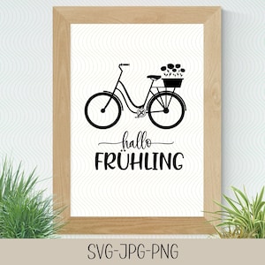 May include: Black and white illustration of a bicycle with a basket of flowers. The text "hallo frühling" is written below the bicycle.