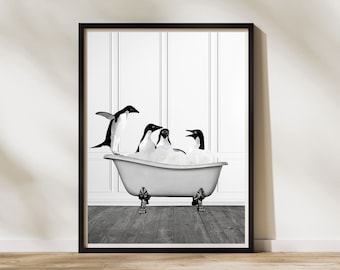 Pinguïn in badkuip print, speelse badkamer muurdecoratie (digitale download)