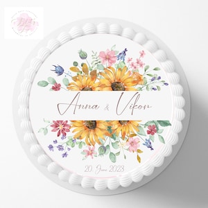 Tortenaufleger Blütenblätter , Sonnenblumen Hochzeit , Personalisiert mit Wunschname und Datum ,  Hochzeitstorte , Blütenblätter Fondant