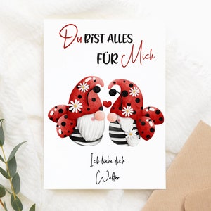Biglietto di San Valentino personalizzato | Cuore persona | | di carte pieghevoli gnome | Gnome Coppia | Coccinella