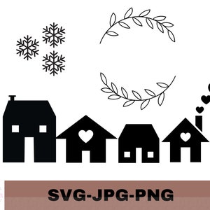 May include: Black and white silhouette design of a row of houses with hearts and snowflakes. The houses have chimneys and windows. The design is perfect for a winter or holiday theme.
