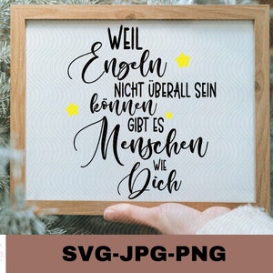 Może przedstawiać: Ramka z białym tłem i czarnym tekstem, który brzmi "WEIL ENGELN NICHT ÜBERALL SEIN KÖNNEN GIBT ES MENSCHEN WIE DICH". Ramka jest wykonana z drewna i ma dwie żółte gwiazdki.