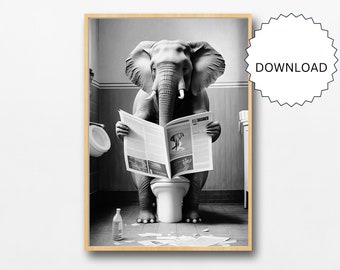Olifant op het toilet: badkamerdecoratie, speelse dierenprint (digitale download)