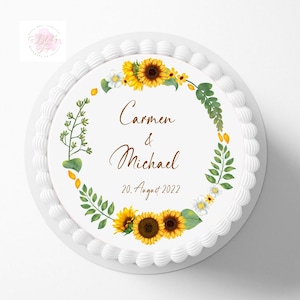 Tortenaufleger Sonnenblume |  | Personalisiert mit Wunschname und Datum oder Zahl |  Hochzeitstorte | Sonnenblume Fondant