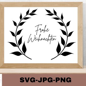 Pode incluir: Design gráfico em preto e branco com uma coroa de folhas estilizadas com o texto "Frohe Weihnachten" no centro.
