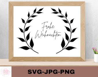 May include: Black and white graphic design featuring a wreath of stylized leaves with the text "Frohe Weihnachten" in the center.