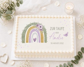 Topo de bolo personalizado com arco-íris para batizado de meninas | Nome e data personalizados (em pasta americana)