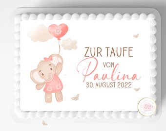 Tortenaufleger Elephant | zur Taufe für Mädchen | personalisiert mit Wunschname und Datum |  verschiedene Größen |