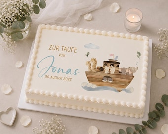 Decorazione commestibile per torta di battesimo a tema Arca di Noè – Animali, Nome e data personalizzabili – Decorazione per neonati