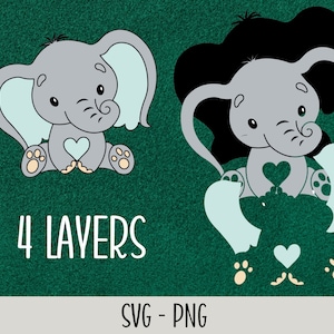 May include: Four-layer SVG cut file of a cute cartoon elephant with blue ears and a heart. The elephant is holding a heart in its trunk. The file includes a solid elephant, a heart, and two blue ears.