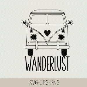 May include: Black and white line art of a vintage camper van with the word "WANDERLUST" in bold letters below. The van has heart-shaped side mirrors and a heart on the front. The image is a digital design, with "SVG-JPG-PNG" text at the bottom.