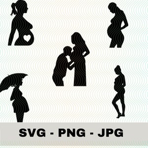 May include: Five black silhouette images of pregnant people. One image shows a pregnant person holding an umbrella. Another image shows a pregnant person with a partner who is holding their belly. The remaining three images show pregnant people standing alone.