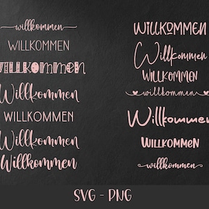 May include: A collection of ten different font styles for the word "Willkommen" in pink on a black background. The word is written in a variety of styles, including cursive, block letters, and script. The image also includes the text "SVG - PNG".