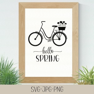 May include: Black and white silhouette of a bicycle with a basket of flowers on the handlebars. The text "hello spring" is written below the bicycle.