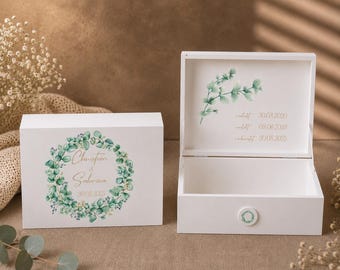 Erinnerungskiste Hochzeit personalisiert Eukalyptus | Hochzeitsbox mit Namen Datum | Geschenk zur Hochzeit | Erinnerungsbox Brautpaar