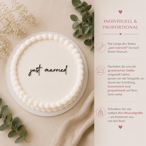 Könnte beinhalten: Ein runder weißer Kuchen mit Sahnerand und einem schwarzen Tortenstecker mit der Aufschrift "just married". Rechts daneben befindet sich ein vertikales Feld mit dem Text "INDIVIDUELL & PROPORTIONAL" und Hinweisen zur Größenanpassung.