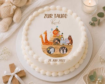 Tortenaufleger Safari-Tiere zur Taufe Junge oder Mädchen, Tortenbild mit Wunschnamen Personalisiert, Taufe Zuckerbild für Torte Fondant