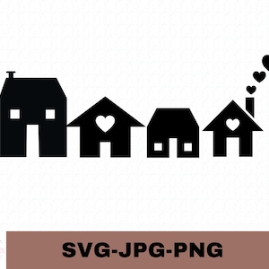 Pode incluir: Silhueta preta de quatro casas com corações brancos na frente de três delas. A casa à direita tem uma chaminé com três corações brancos subindo dela.