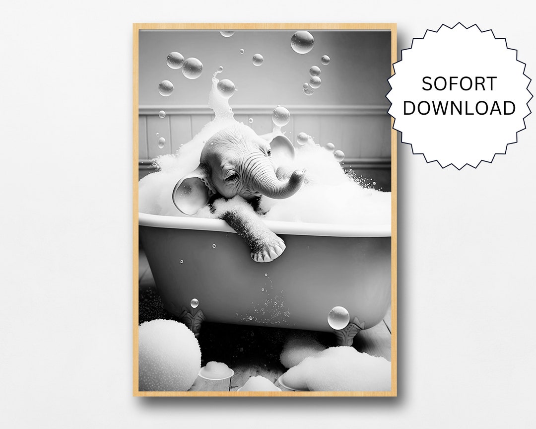 Adorable Baby Elephant in Vintage Bathtub, Kids Bathroom Decor ...