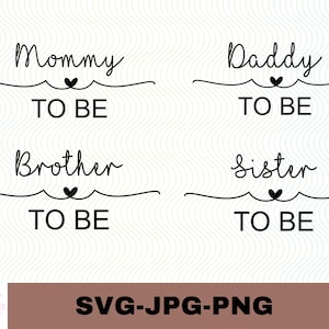 May include: Four black and white SVG cut files with text that reads "Mommy to be", "Daddy to be", "Brother to be", and "Sister to be". Each phrase has a small heart symbol above the word "to".
