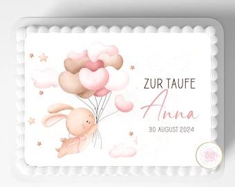 Tortenaufleger Luftballon | zur Taufe für Mädchen | personalisiert mit Wunschname und Datum |  verschiedene Größen | Baby Hase