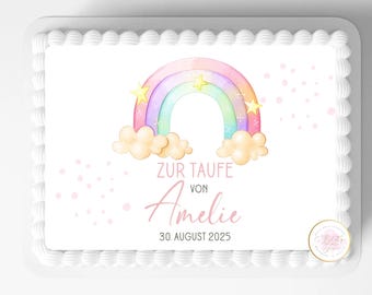 Tortendeko REGENBOGEN Tortenaufleger Kommunion | Konfirmation | Firmung | Kuchendeko rechteckig mit Wunschtext personalisiert | Fondant