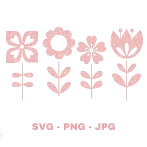 Può includere: Cinque motivi floreali rosa glitter con steli e foglie. I fiori sono in stile scandinavo.