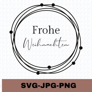 May include: Black and white graphic design of a wreath with the text "Frohe Weihnachten" in the center.