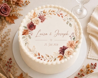 Personalisierter Tortenaufleger Herbst Hochzeit | Essbares Tortenbild mit Namen & Datum | Aquarell Herbstblumen | Hochzeitstorte Dekoration