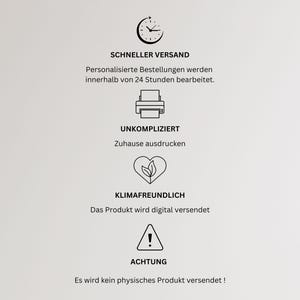 May include: A graphic with text and icons on a light background. The text includes "SCHNELLER VERSAND" and "Personalised orders processed within 24 hours." Other text includes "UNKOMPLIZIERT" and "Print at home." Also, "KLIMAFREUNDLICH" and "The product is sent digitally."