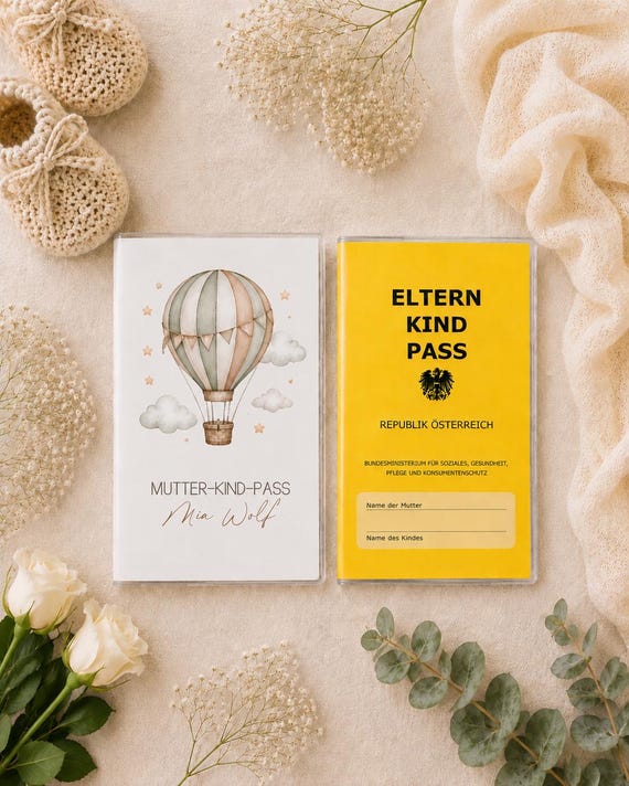 Personalisierte Eltern-Kind-Pass Hülle Heißluftballon | Schutzhülle für österreichischen Eltern-Kind-Pass | Geschenk zur Geburt |
