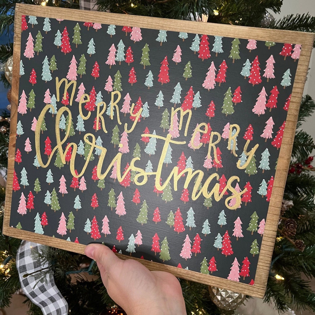 Merry Merry Christmas Hand Lettered Sign Christmas Tree Wood Etsy