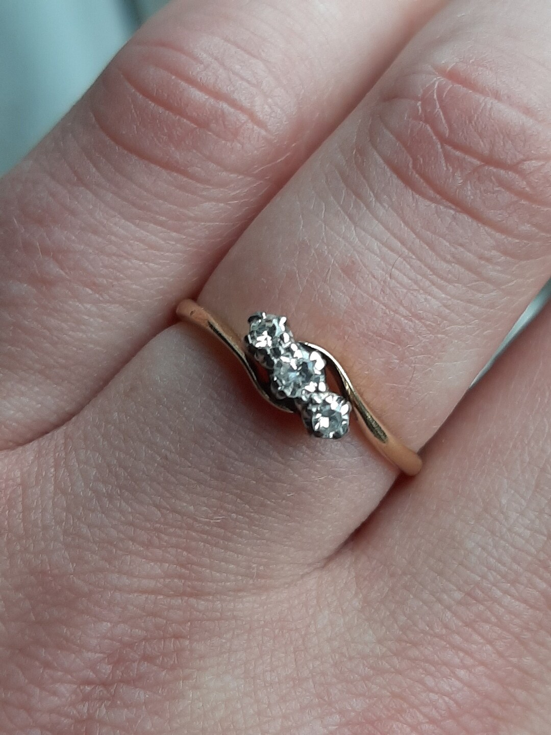 A Vintage 18ct Gold and Platinum Diamond Three Stone Trilogy Twist Ring ...